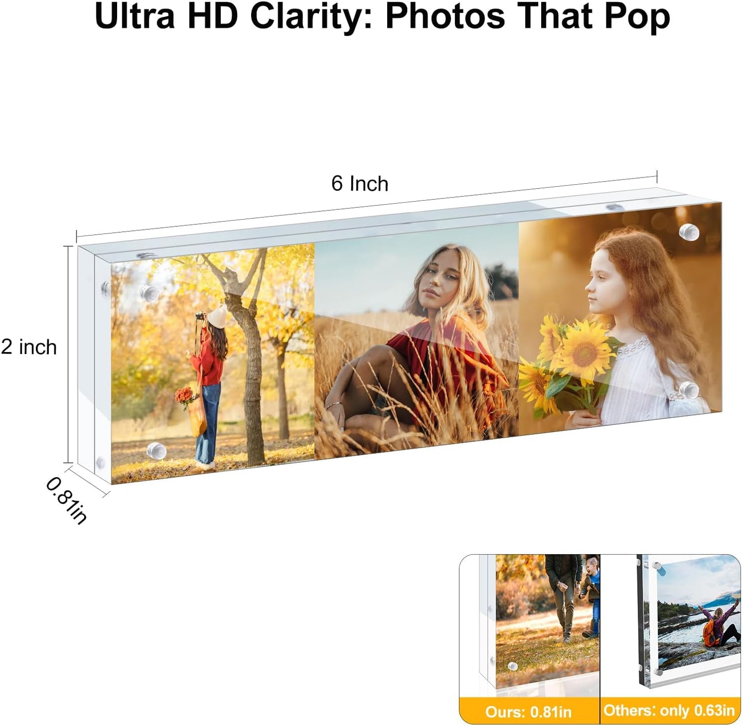 3 Pack 2x6 Acrylic Picture Frames - 20% Thicker Double Sided Magnetic Frame with UV Protection - Freestanding Clear Frameless Display for Tabletops - Modern Photo Frame Set for Home & Office Decor