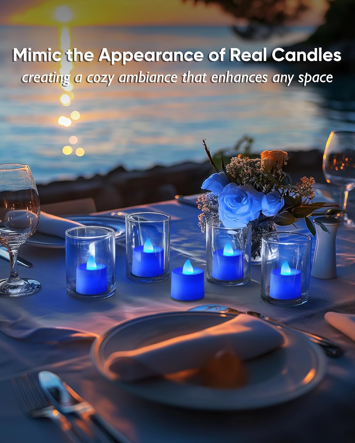 Amagic 24 Pack Blue LED Tea Lights, Flameless Votive Candles, Electric Fake Colored Candles, Battery Operated Tealights Candles for Halloween, Christmas, Home Decor, Wedding Table Centerpiece, Party
