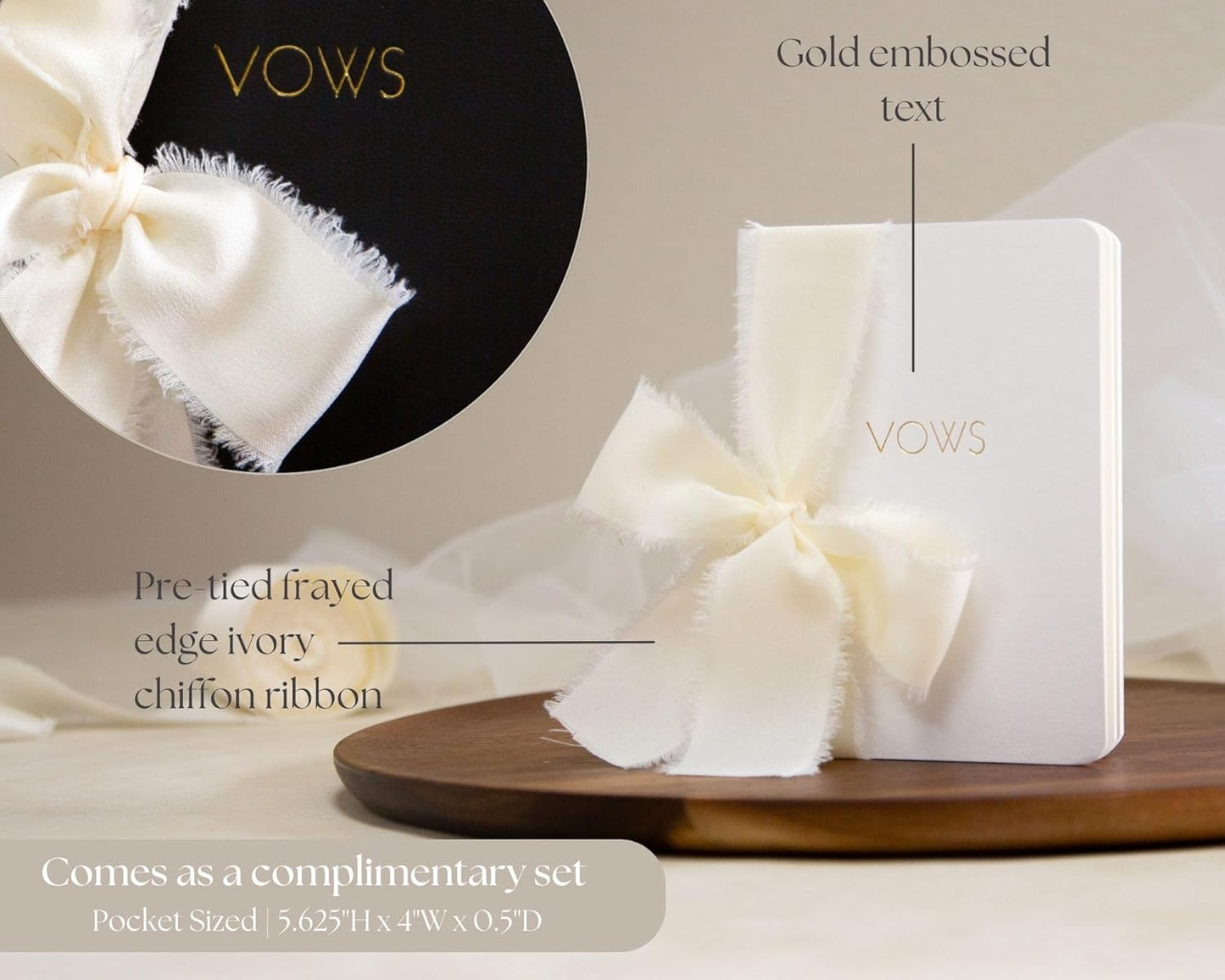 Black White Embossed Slim Vow Books w/Ribbon (Set of 2) - 5.625 x 4 Minimalist Pocket Sized Embossed Wedding Ceremony Vow Renewal Speech Notebook Journal