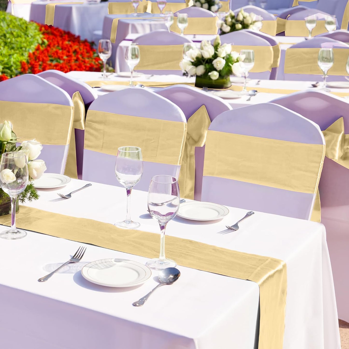 Aneco 16 Pack Satin Table Runner 12 x 108 Inch Champagne Long Wedding Satin Silk Table Runner for Wedding Banquet Graduations Birthday Party Decoration