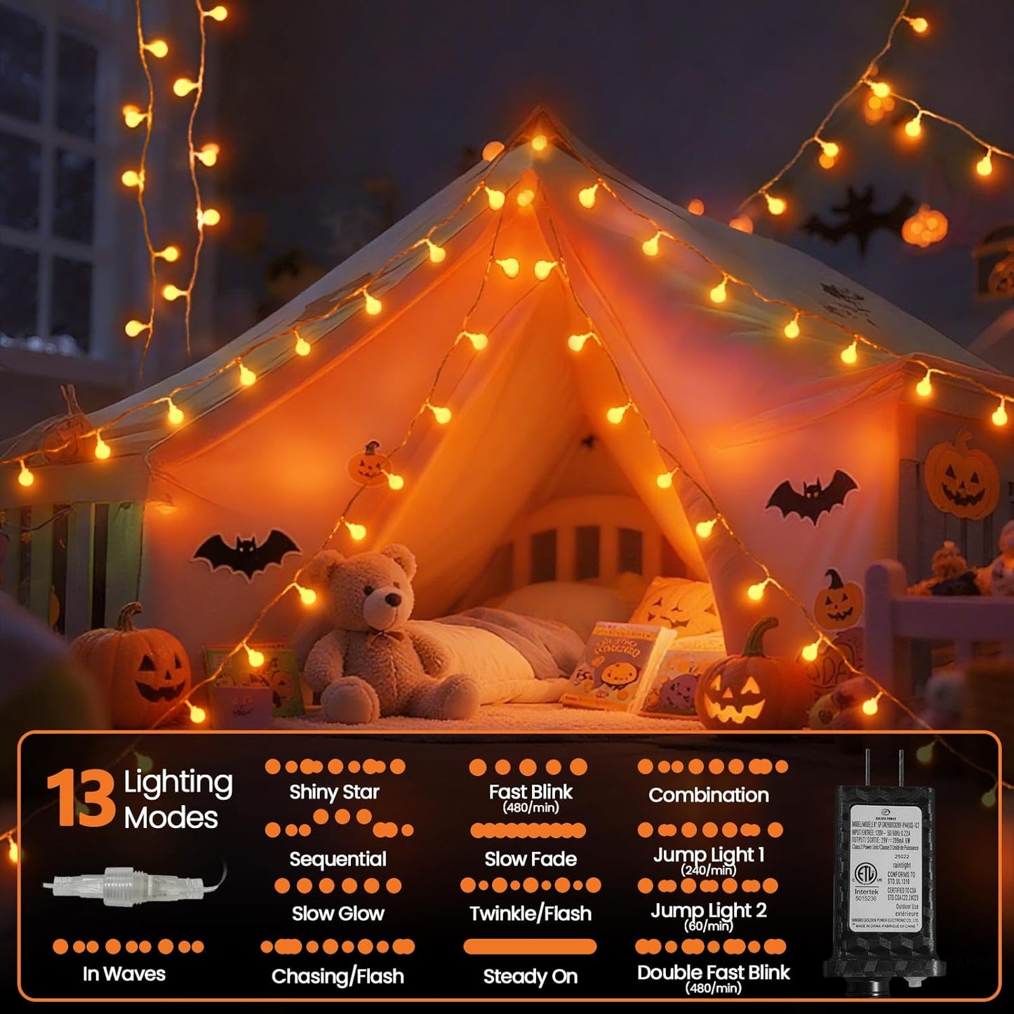 Connectable Orange Halloween Lights Outdoor Indoor - 43FT 100LED Globe String Lights Plug in with Timer, 13 Modes Fairy Light Waterproof for Party Halloween Decorations Bedroom Decor