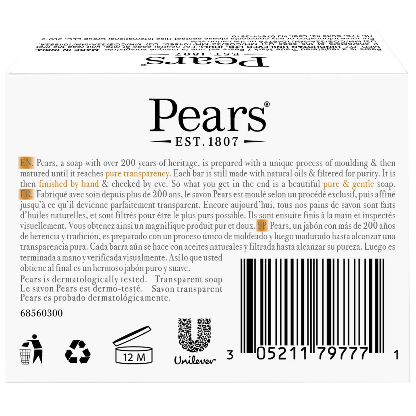 Pears Glycerin Soap, Transparent Amber with Natural Oils, 2-Pack – Pure & Gentle Cleanser for Soft, Glowing Skin, 3.53 Oz Ea