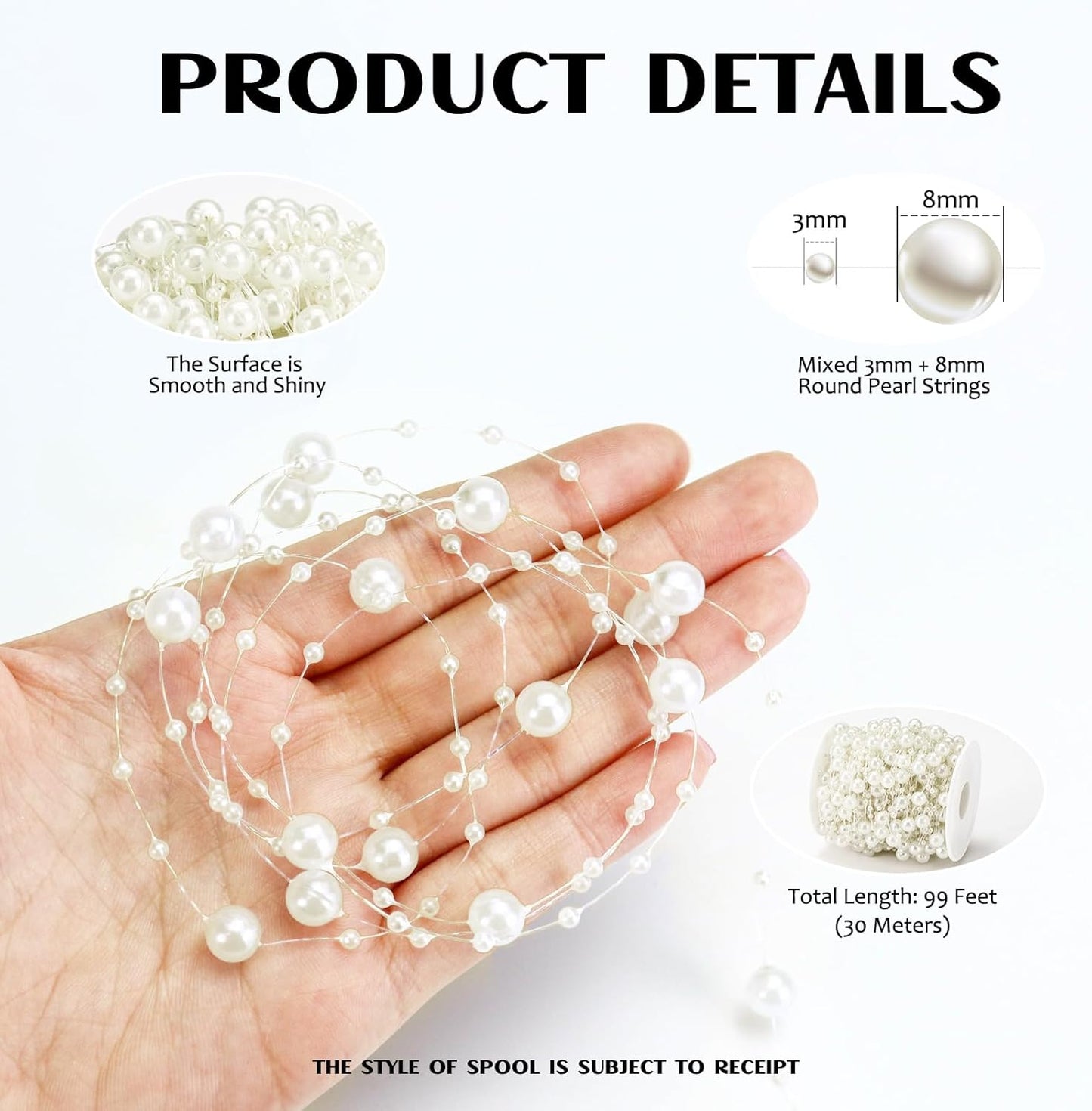 99 Feet Fishing Line Artifical Pearl Strings for Crafting, Faux Pearl Garland Strands for Floating Candle Vases Filler Wedding Centerpiece Bouquet Christmas Tree Party Decoration, Ivory