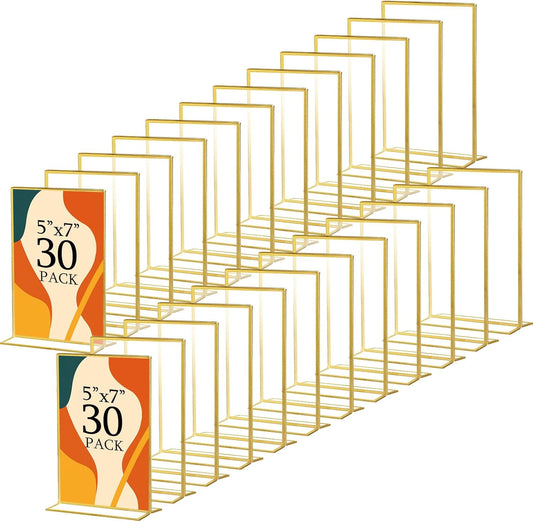 Hoteam 30 Pack 5 x 7 Clear Acrylic Sign Holder with Gold Borders, Gold Picture Frame, Double Sided Wedding Table Number, Acrylic Menu Stands for Wedding Table, Restaurant Sign, Photos