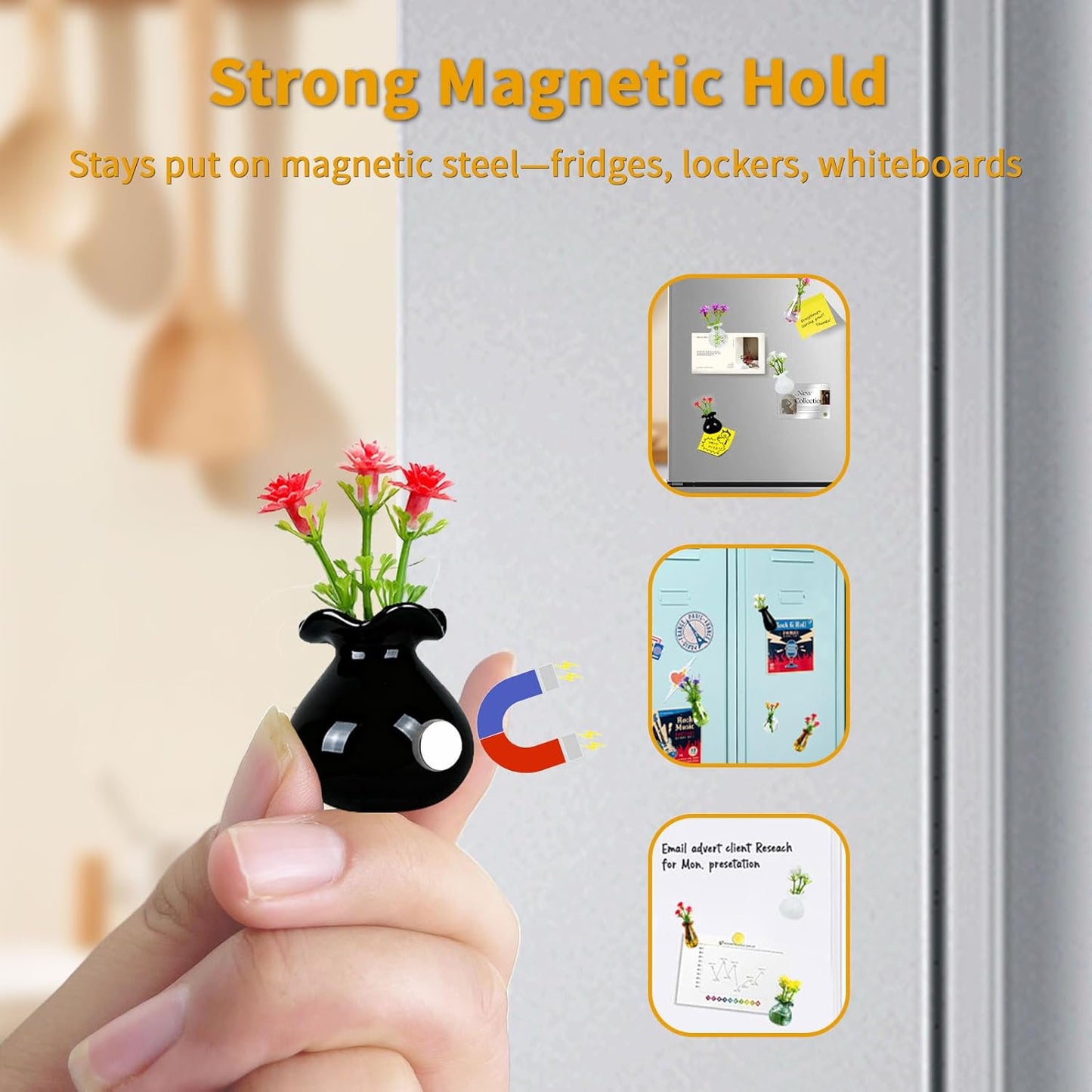 Magnetic Bud Vase Set – Mini Ceramic & Glass Vases with Strong Magnet for Fridge & Whiteboard – Decorative Small Flower Vases for Kitchen, Home or Office Décor for Women (Glass)