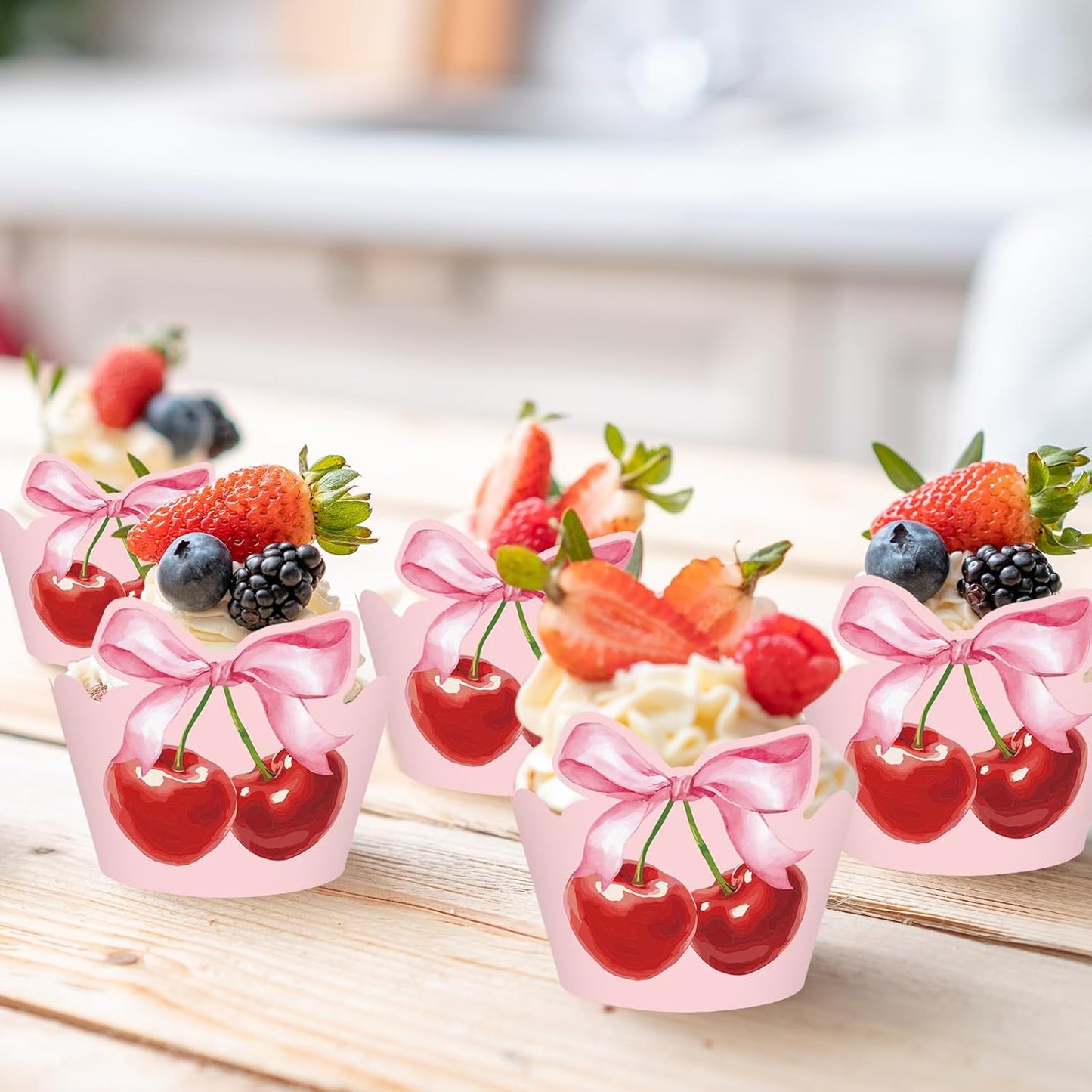 36Pcs Pink Bow Cherry Cupcake Wrappers Pink Red Bowknot Cherry Cupcake Liners Sweet Decorative Dessert Holders for Birthday Baby Shower