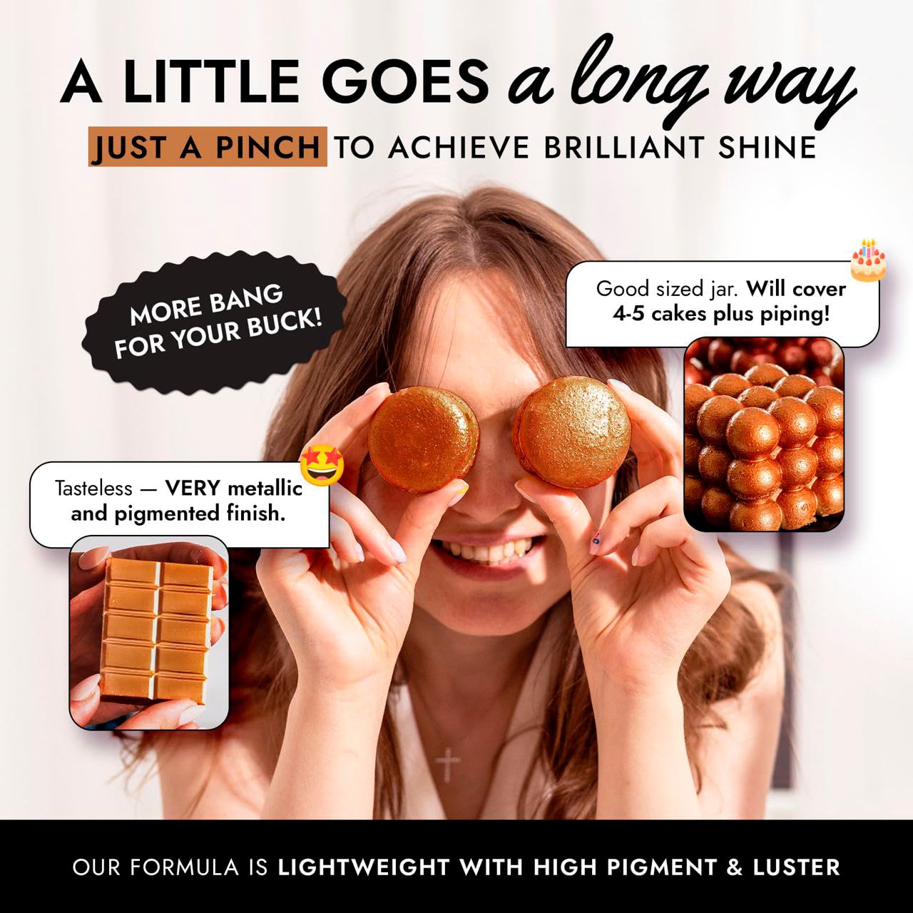 MONÉGASQUE Bronze Edible Glitter for Drinks 15g – Edible Glitter for Cakes & Cocktails – Luster Dust for Cakes, Drinks, & Chocolate Decorations – Halloween Cake & Drink Shimmer - Copper Powder Spray