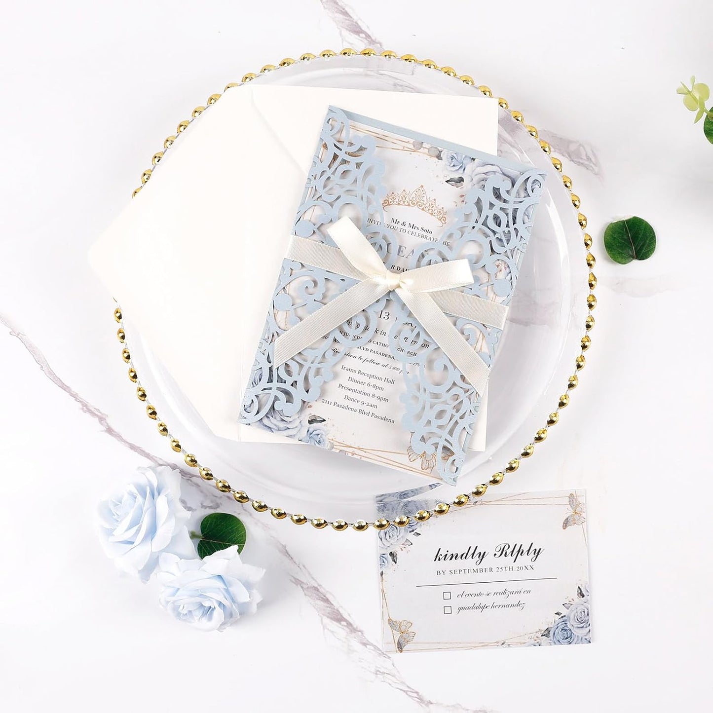 50pcs Laser Cut Wedding Invitation Pockets 5x7 '' Dusty Blue Wedding Invitations Kit With Envelopes Blank Inner Sheet and Ribbon for Wedding Bridal Shower Quinceanera Engagement Party Invite