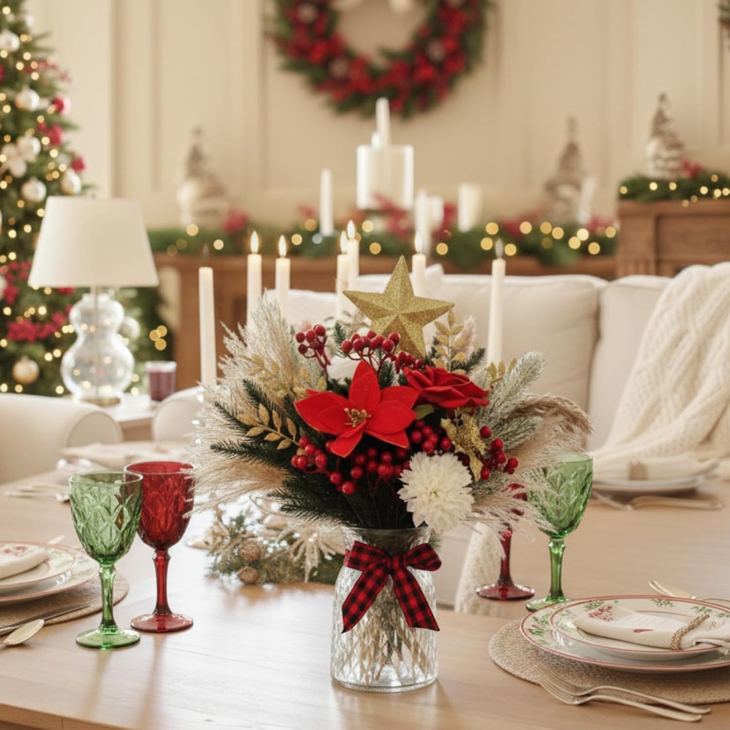 Christmas Centerpieces for Tables, Holiday Table Decor, 100pcs Christmas Floral Arrangements in Vase, Xmas Decorations for Coffee Kitchen Dining Table, Artificial Poinsettia Red Berry Pine Branches