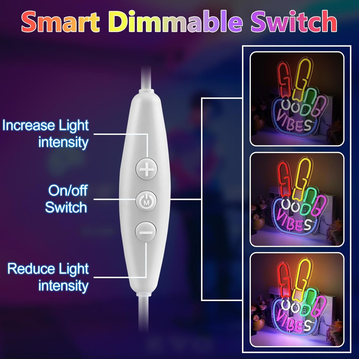 Good Vibes Neon Sign, Yeah Good Vibes Neon Sign for Wall Decor, Dimmable USB-Powered Sign with ON/OFF Switch, Colorful LED Light-Up Sign for Bedroom, Nursery, Club, Bar, and Party Decor