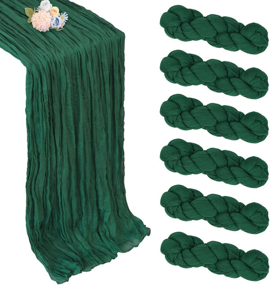 6 Pack Emerald Green Cheesecloth Christmas Table Runner 10ft Boho Gauze Fabric Cheese Cloth Table Runner 35 x 120 Inch Rustic Sheer for Romantic Wedding Decor Baby Shower Party Centerpiece Decoration