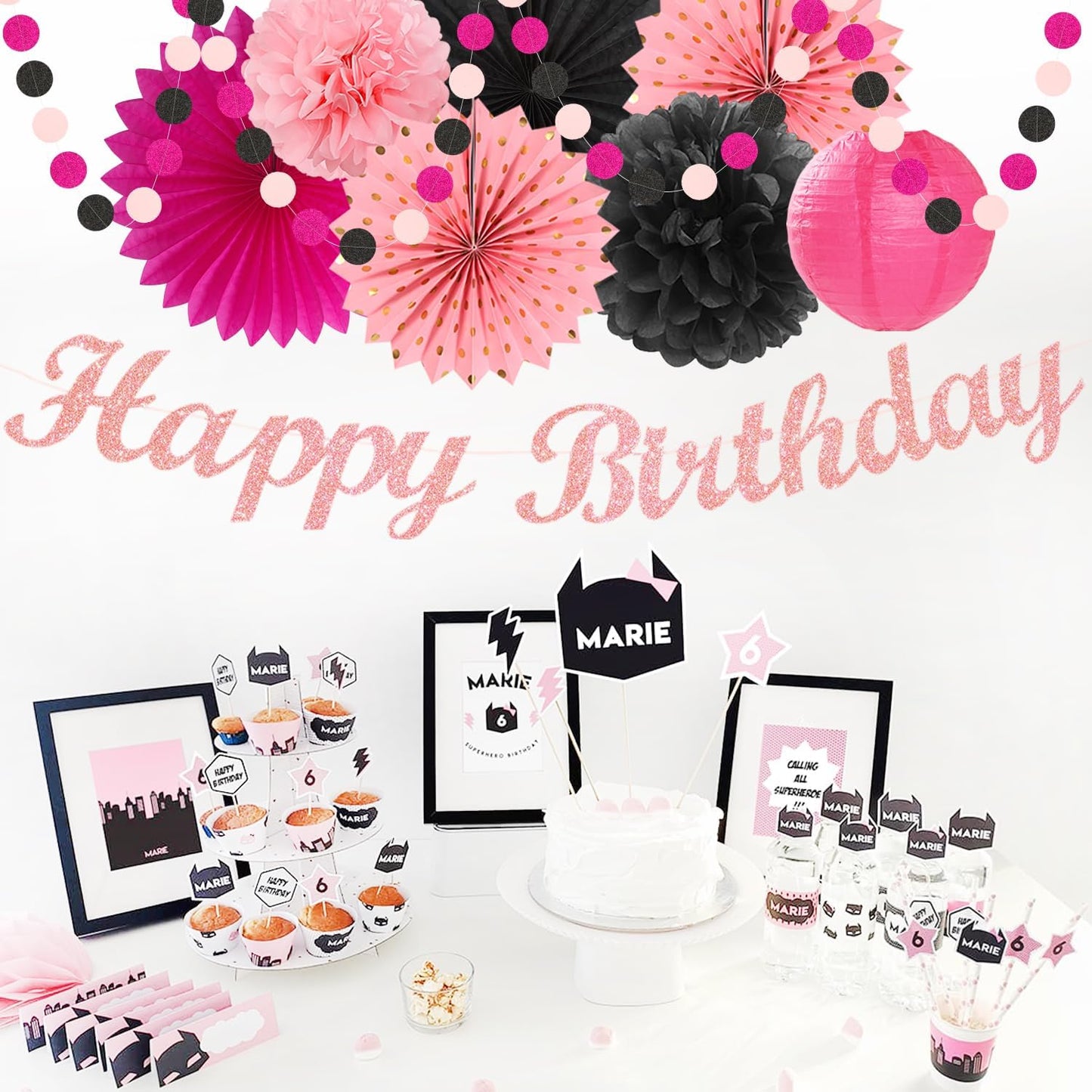 Hot-Pink Black Girls-Women Birthday Party-Decorations - 21pcs Baby Happy Banner, Paper Streamers Lanterns,Tissue Pom Poms Fan,Backdrop Decor Huglony