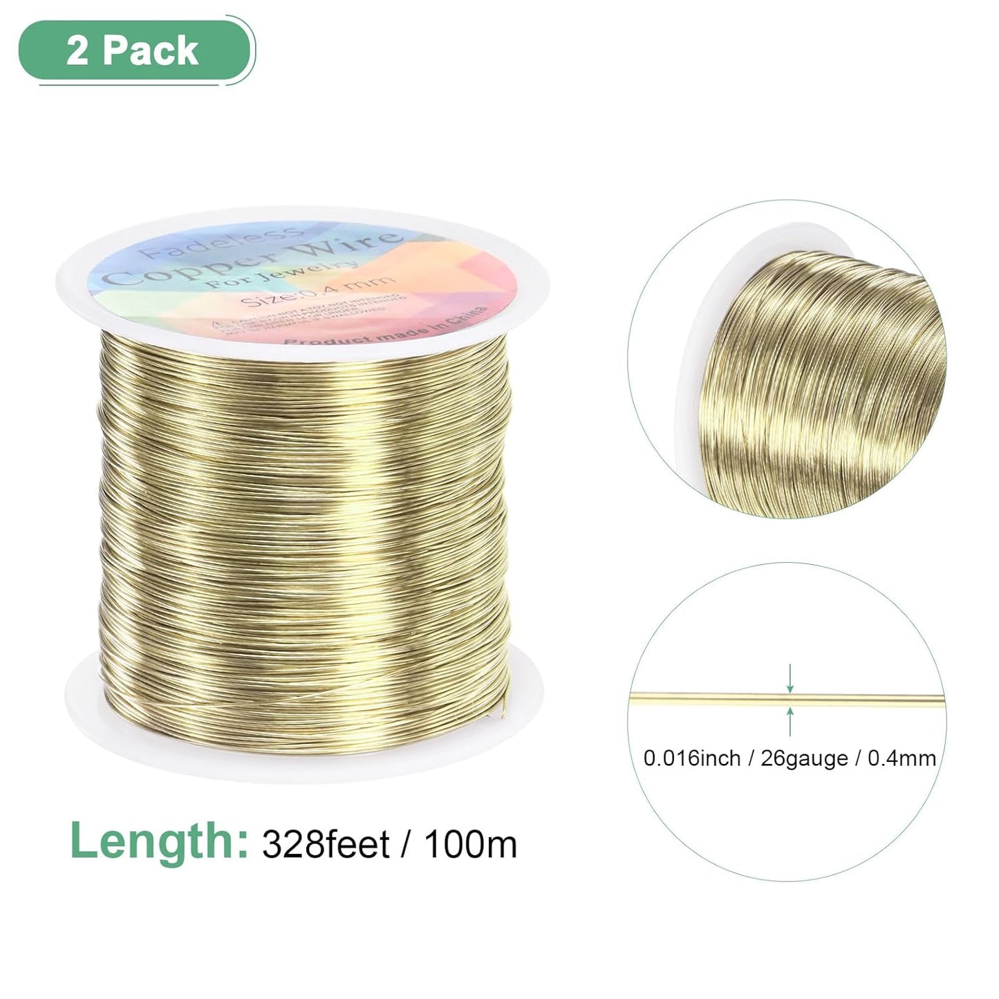 2-Rolls 0.4mm Jewelry Wire, 26 Gauge 328FT Craft Wire Copper Beading Wire for Jewelry Making/Planting/Weaving/DIY Crafting, Soft Metal Wires [100M, Light Golden]