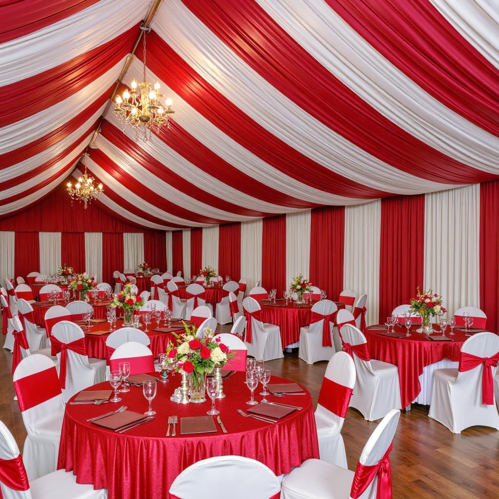 PartyVillage 10 Panels 5ftx30ft Red Ceiling Drapes for Wedding Parties – 30 FT Extra Long Thick Polyester Wrinkle-Free Drapery Tent Decor Decorations for Birthday Party Ceremony Stage Swag