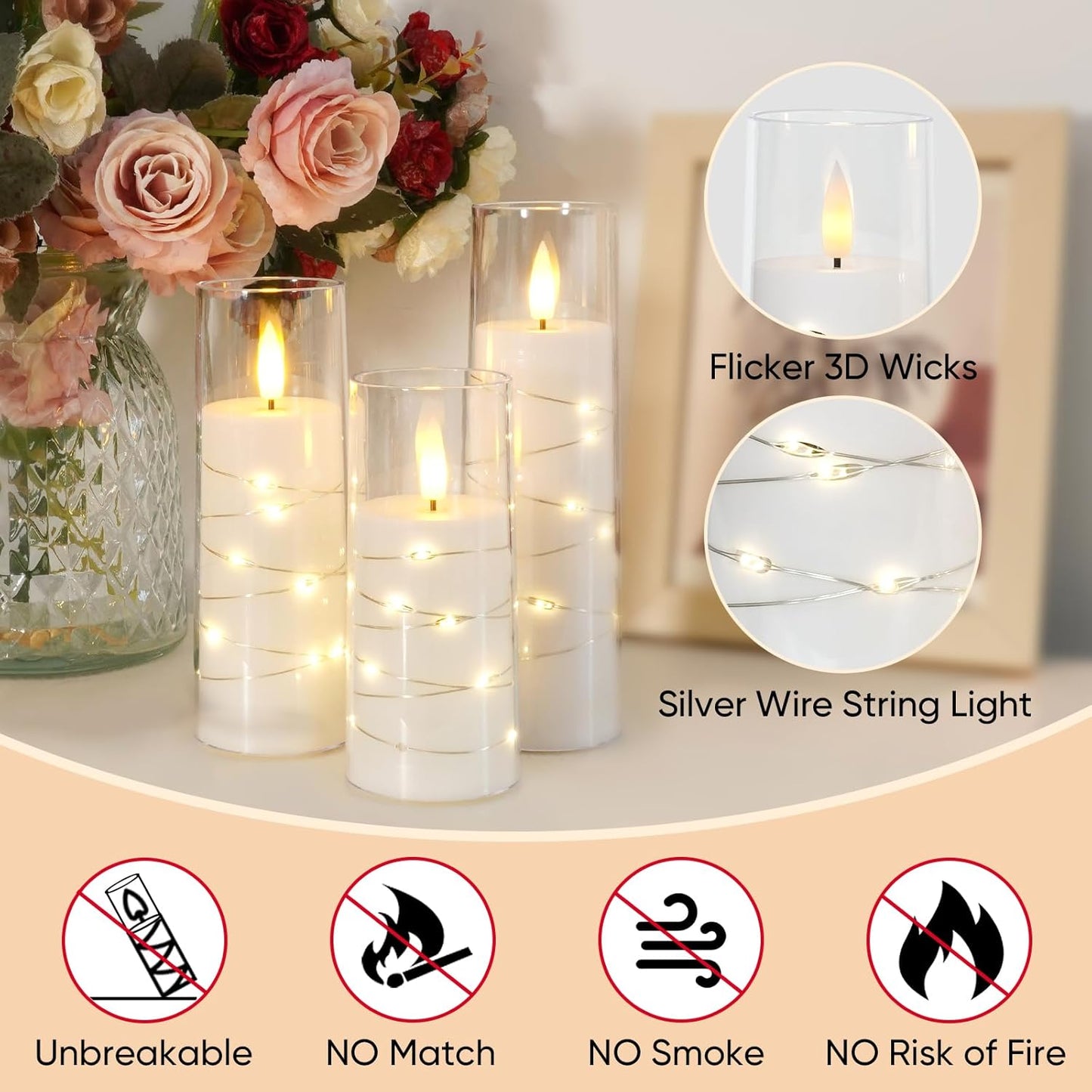 Raycare Flameless Candle with Remote Timer, 7 Flickering Acrylic Battery Operated LED Pillar Candles with Embedded Star String for Halloween, Home Decor, and as a Gift(White)