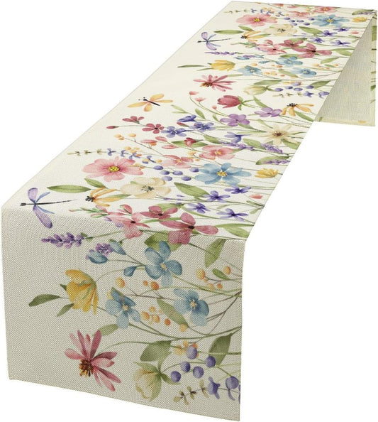 Watercolor Floral Table Runner, Colorful Spring Summer Nature Flower Dragonfly Pattern Print Table Runner for Kitchen Dinning Table Runner Decor Home Wedding Party Holiday, 13x90 Inch