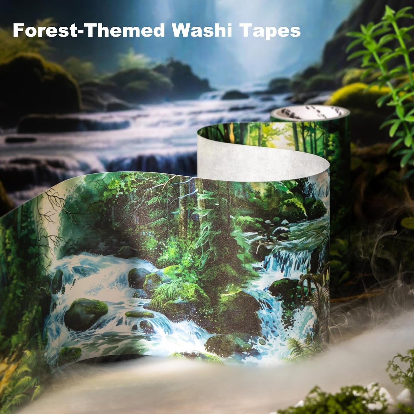 Forest-Themed Seamless Washi Tape Scrapbook Kit – 6 Rolls with Cottage, Waterfall & Fairy Forest Designs for Journaling, DIY Crafts, Gift Wrapping, Card Making and Decoration