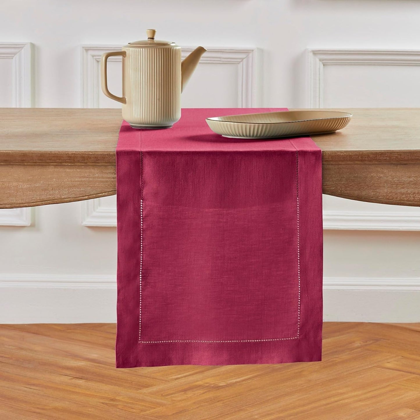 Solino Home Linen Beet Table Runner 108 Inches Long - 100% Pure Linen Hemstitch 14 x 108 Inch Table Runner for Dining, Fall, Autumn, Thanksgiving, Christmas, Holiday - Classic Hemstitch