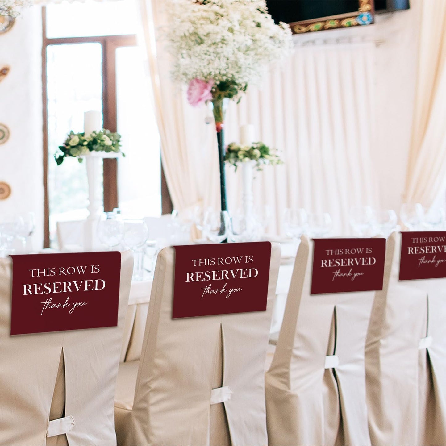 Reserved Seating Chair Signs, This Row Is Reserved Pew Cloths Seating Placeholder for Church Pews, Burgundy Wedding Decorations for Reception Parties Celebrations Event (Burgundy, 4 PCS)