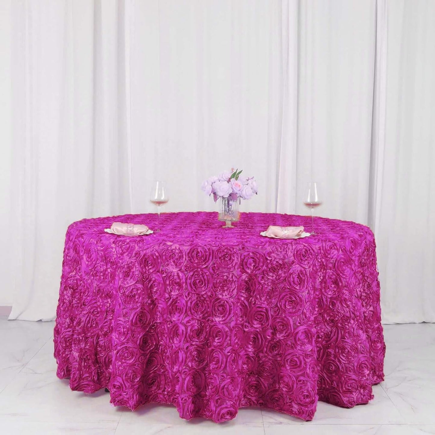 Efavormart 120" Wholesale Round Table Cover Fushia Grandiose Rosette 3D Satin Tablecloth for Wedding Party Event Decoration