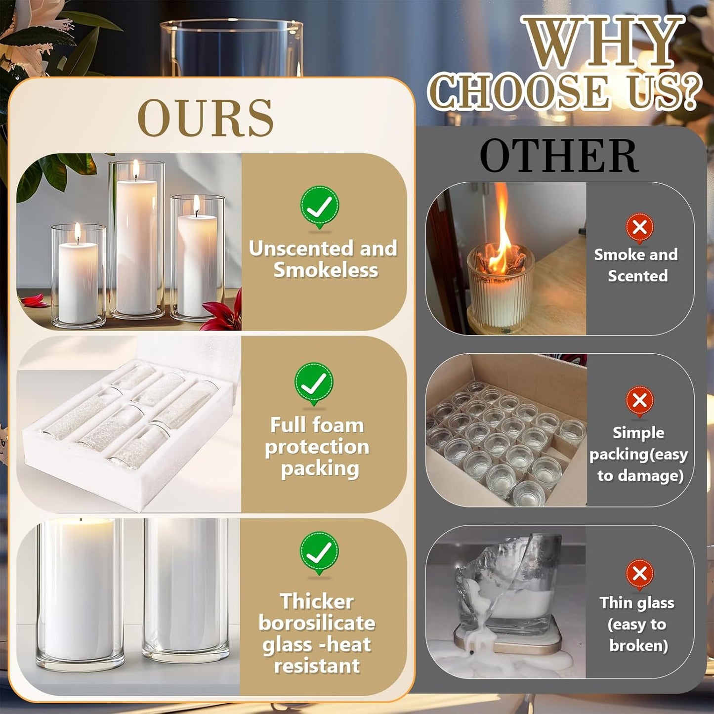 24 PCS White Pillar Candles with Glass Candle Holders Clear Hurricane Candle Holders Glass Cylinder Vases for Centerpieces Wedding Party, Event, Home Office (12 Candles+12 Candle Hoders)