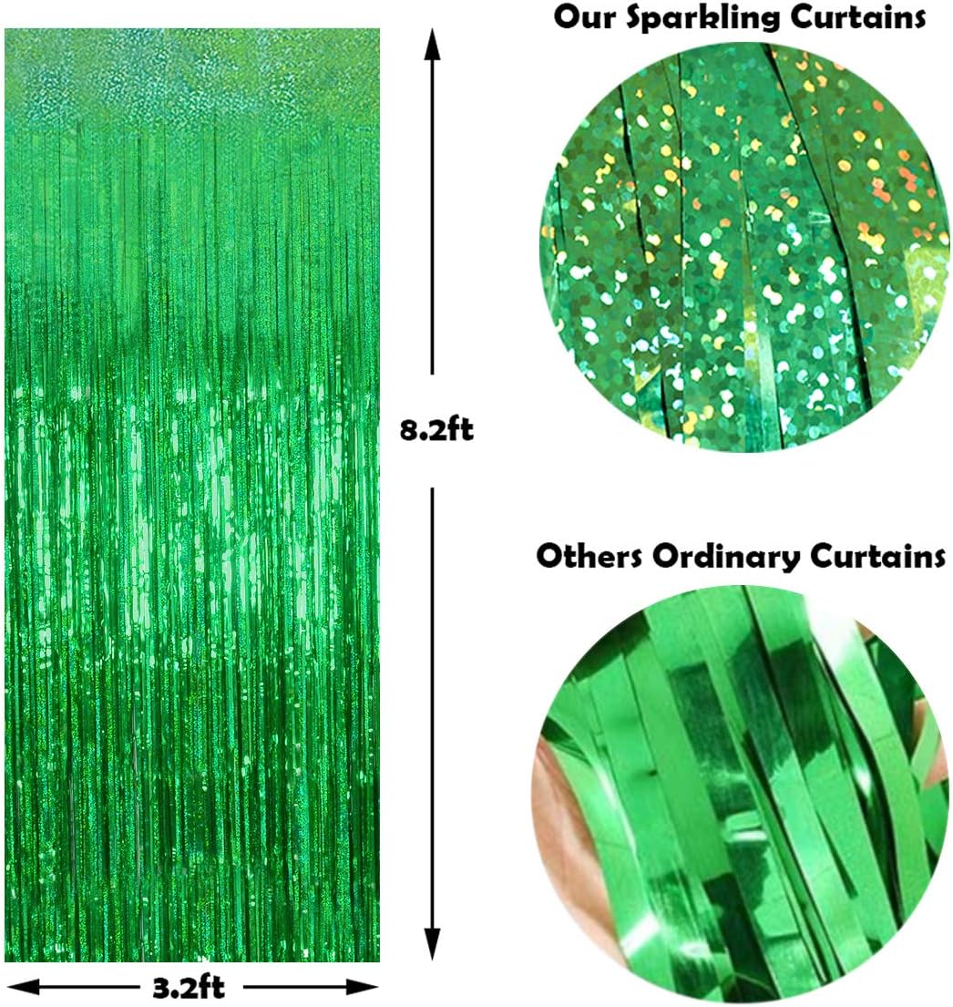 Foil Fringe Curtains April fool's Day Decorations - Melsan 3 Pack 3.2 x 8.2 ft Green Tinsel Curtain Party Photo Backdrop for Birthday Party Baby Shower or Graduation Decorations