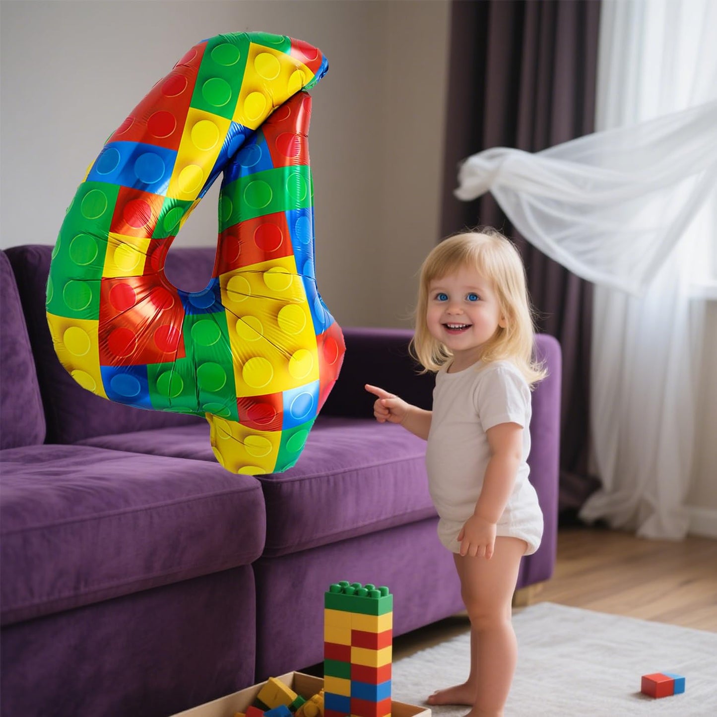 32 Inch Stackable Block Number Balloon – Colorful Brick Building Themed Big Helium Digits for Kids Birthday Party Decorations (Building Block, Number 4)