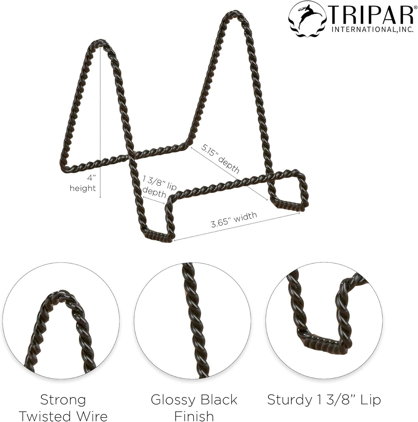 Tripar Decorative Twisted Wire Stand, Black Display (4 Inch Depth) - Tabletop Display - Handcrafted Square Edge Design for Sleek & Modern Look - Perfect for Kitchen Cookbooks, Plates, Photos & More