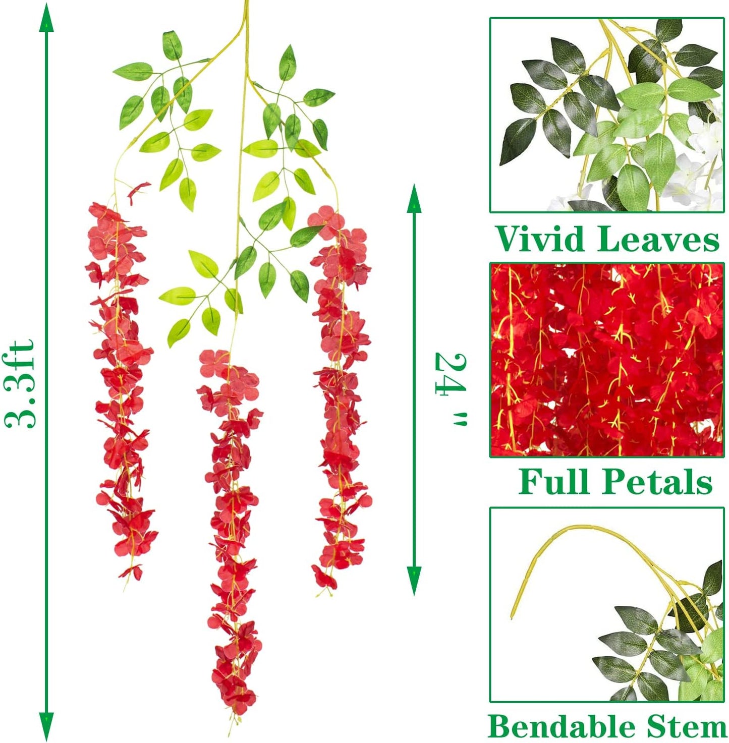 24 Pack Artificial Fake Wisteria Vine Ratta (3.75 Feet) Hanging Garland Silk Flowers String Home Party Wedding Decor (Red)