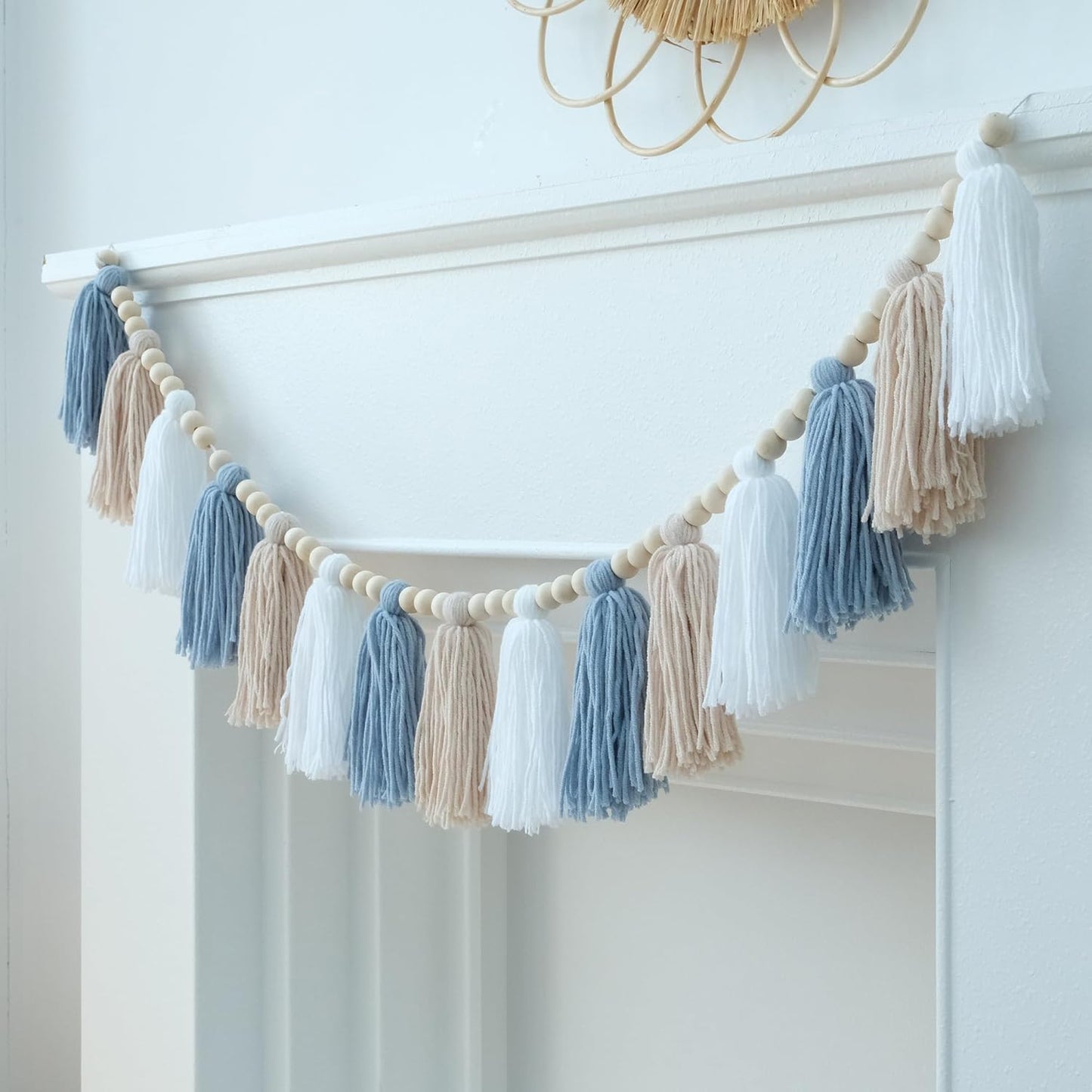 Boho Tassel Garland Wall Hanging with Wood Beads Blue Tassel Garland for Baby Shower Kids Room Bedroom Nursey Back to School Decorations