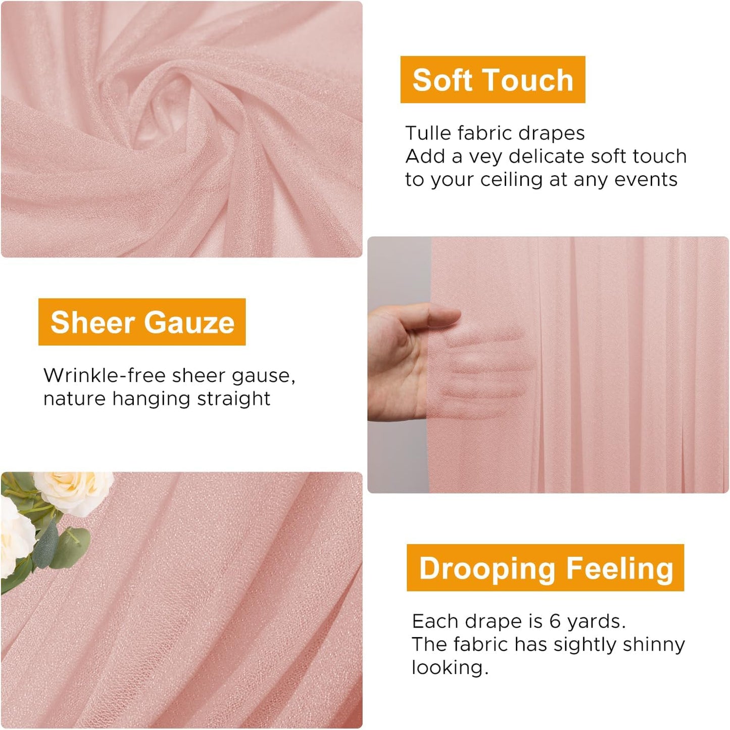 Wedding Arch Draping Fabric 3 Panels 28.7" x 20FT Blush Sheer Chiffon Backdrop Drapes for Wedding Ceremony Birthday Party Bridal Shower Outdoor Decoration