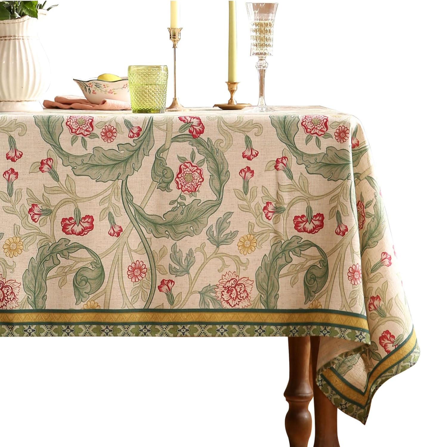 patdrea Designer Green Long Table Cloth for Rectangle Table,Vintage Linen Leaves Pattern Tablecloth,Floral Decor Cover for Kitchen Dining Christmas,Tea Party,Thanksgiving,63"x94"-Cecilia a