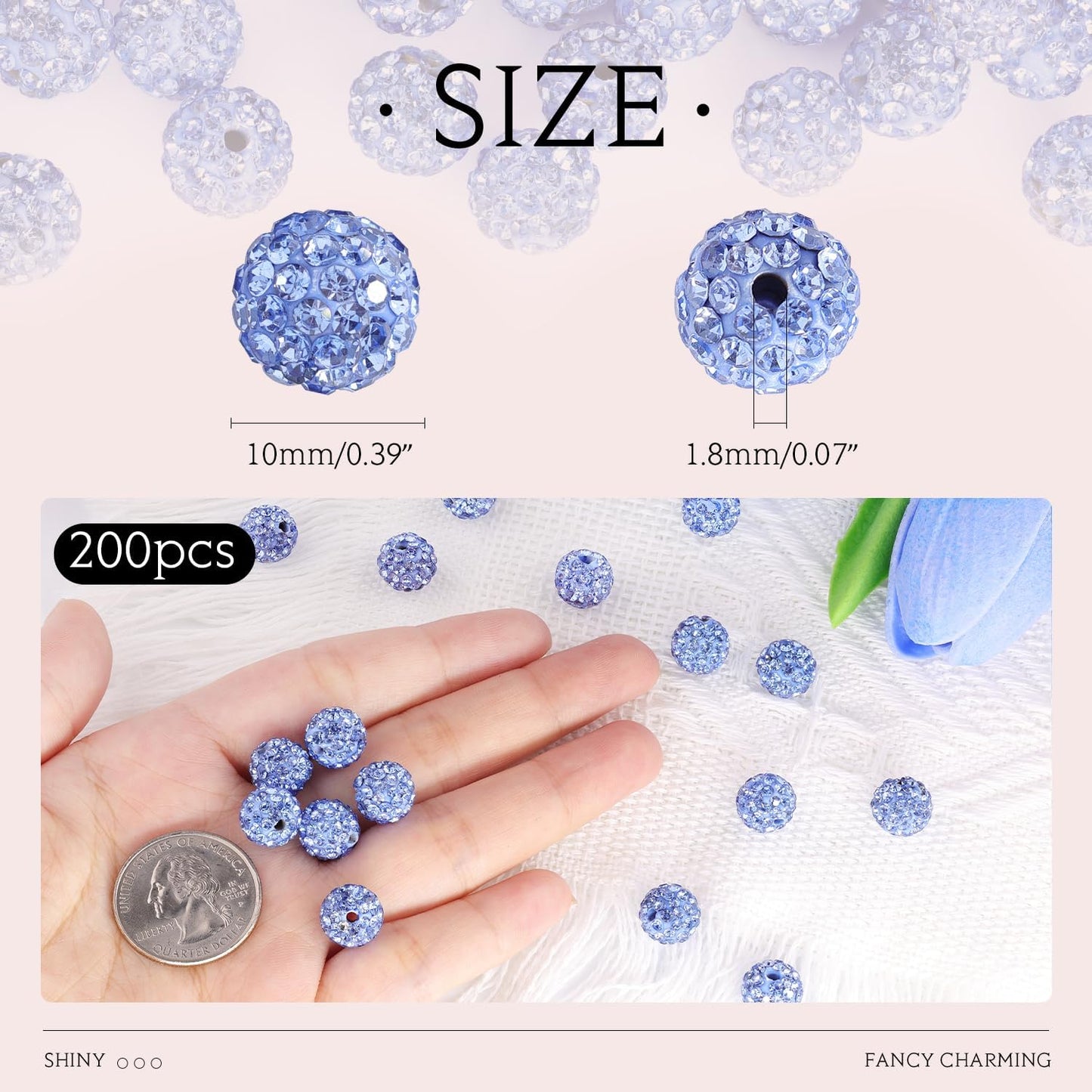 200pcs 10mm Light Sky Blue Rhinestone Beads for Jewelry Making, Shiny Round Shamballa Disco Ball Beads, Sparkle Crystal Clay Christmas for Bracelet Baseball Necklace Earring Crafting and DIY