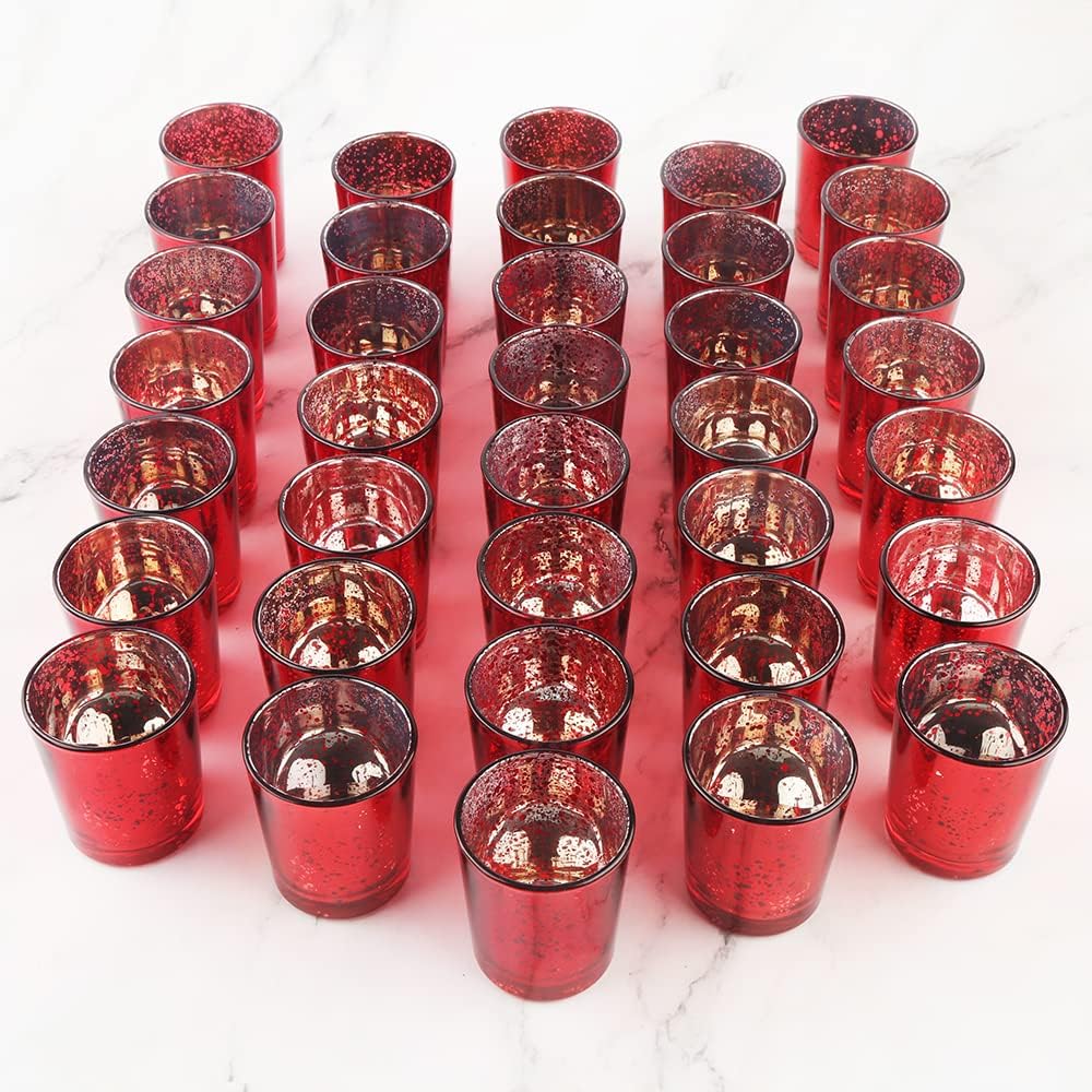 Red Mercury Glass Tea Light Holders Set of 36 - Elegant Votive Candle Holders for Weddings, Showers and Home Decor - Perfect for Table Centerpieces and Parties (Glass, Red)