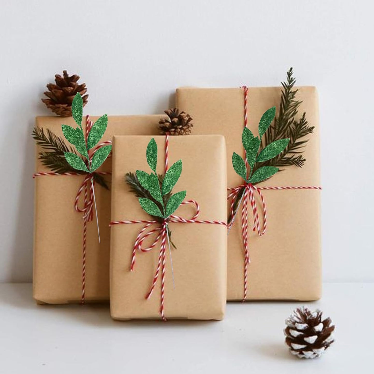 GREENTIME 12 Pack Artificial Green Glitter Leaves 13" Fake Christmas Picks Decorative Glitter Sticks for Vase Christmas Tree DIY Wreath Crafts Fireplace Decor