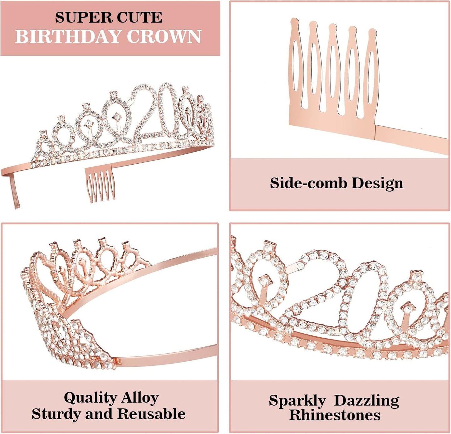 20th Birthday Decorations for Women Including Sash, Crown, Cake Topper and Candles, 20th Birthday Gifts for Women, Rose Gold Party Favor Supplies
