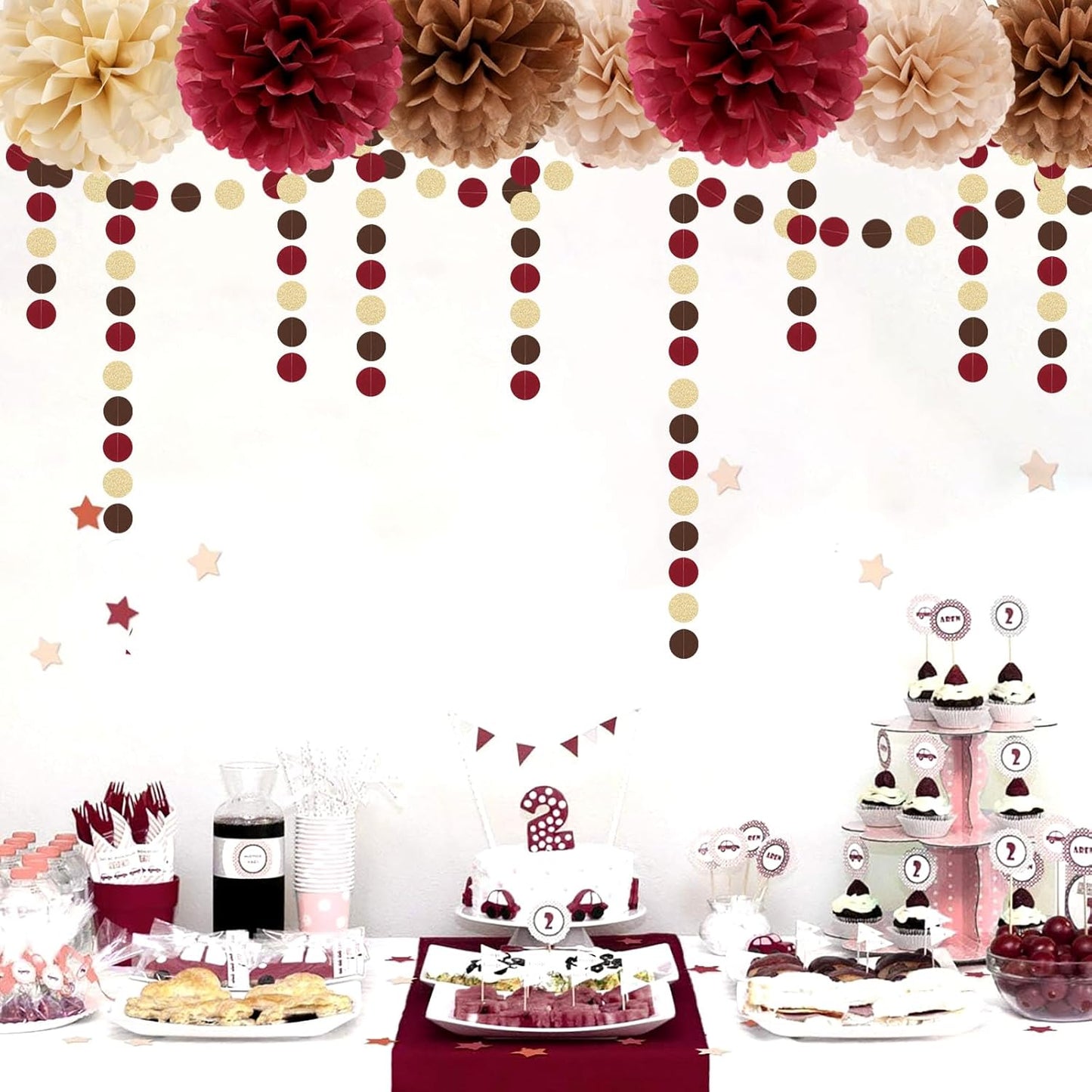 Boho Baby-Shower Burgundy-Brown Champagne Party-Decorations - 28pcs Neutral Birthday Rustic Wedding Bridal Tissue Pom Poms Streamers, Fall Autumn Tassel Garland Banner, Engagement Decor Ouruola