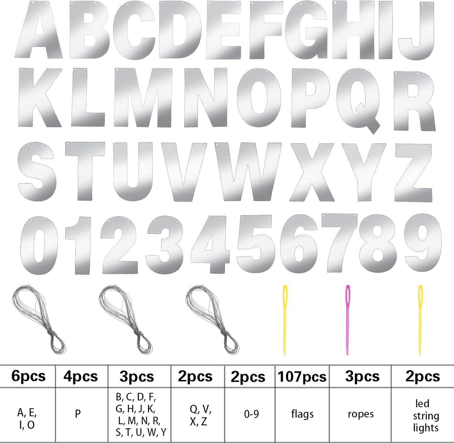 TaoBary 112 Pcs DIY Letter Custom Banner Glitter Customizable Banner Kit Including 107 Letters and Numbers 3 Rope for Valentine Birthday Party(Glossy Silver)