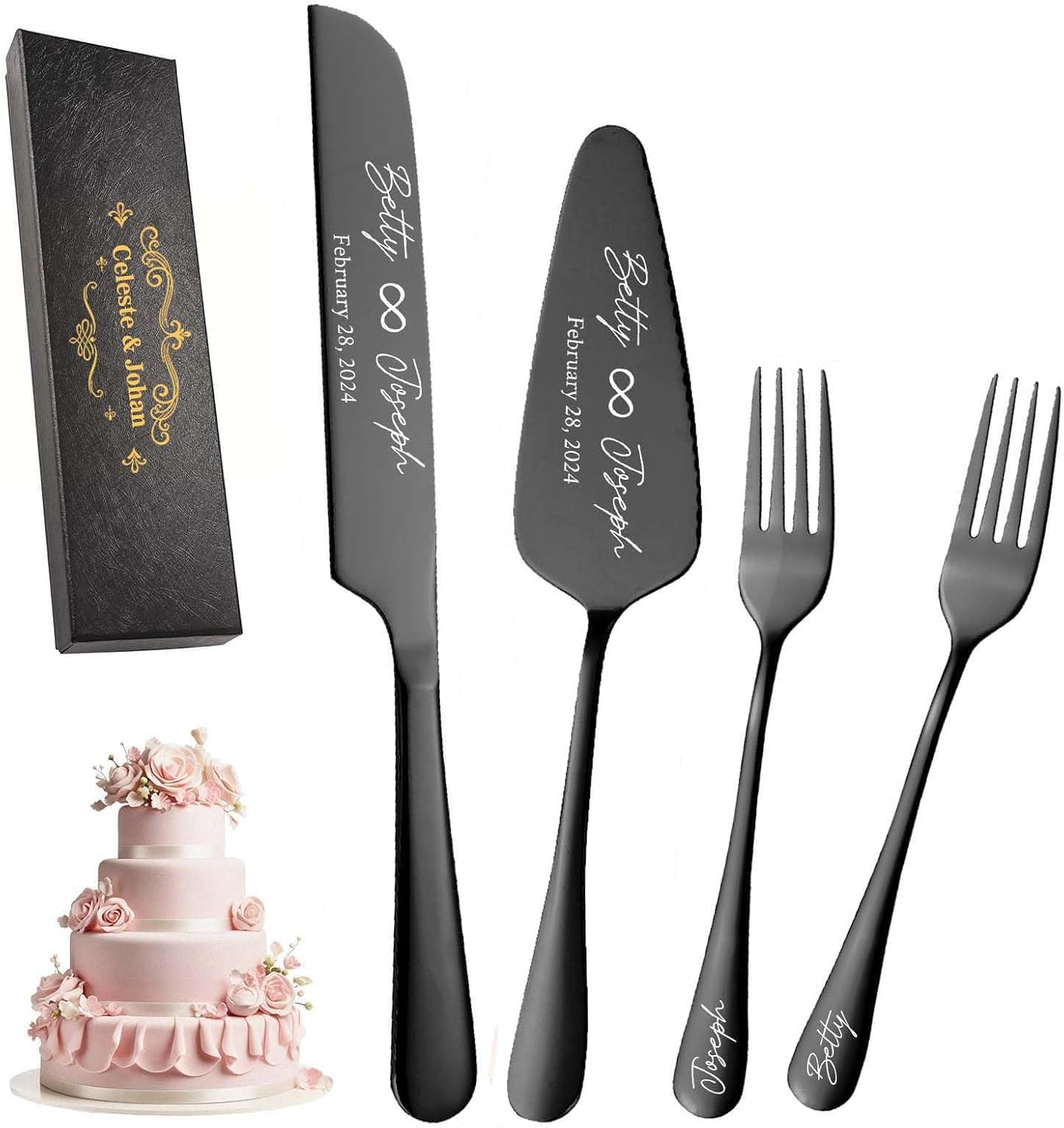 Personalized Wedding Cake Knife and Server Set Stainless Steel Forks Cake Cutter Server Engraved Cake Cutting Set for Wedding Anniversary Engagement Birthday Gifts