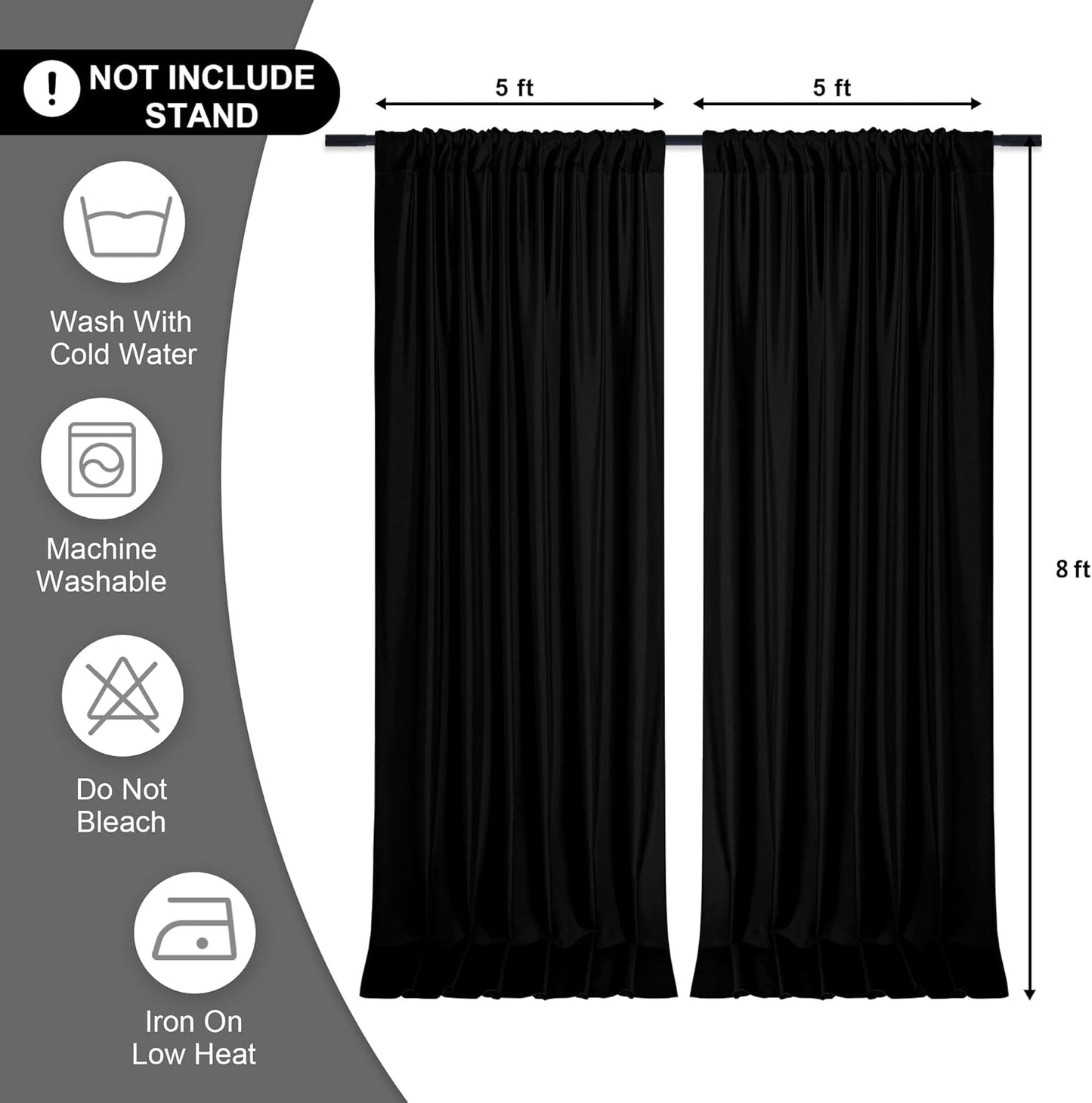 DWCN 10x8 FT Black Backdrop Curtains for Parties, Photography Backdrop Drapes with Rod Pockets for Wedding Decorations Stage Birthday Family Gatherings, 2 Panels 5ft x 8ft