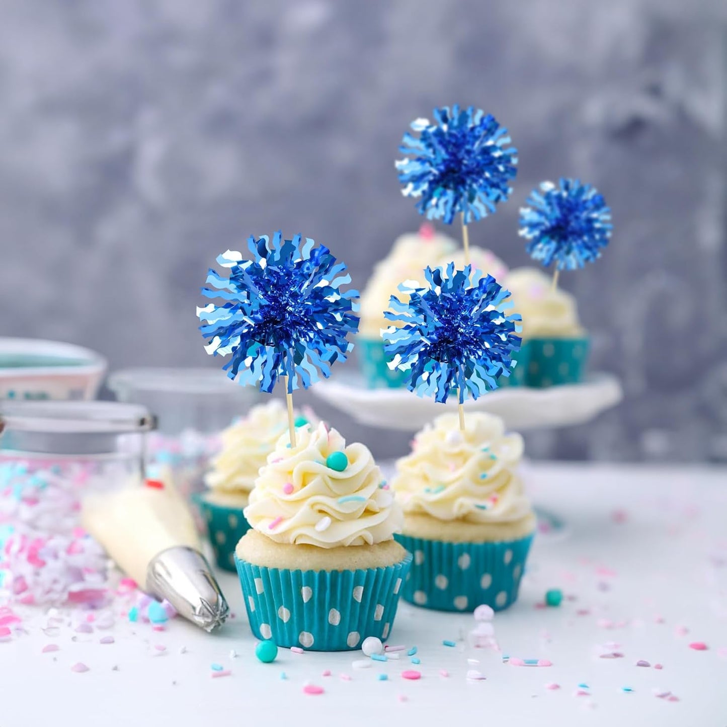 Ephlyn 30Pcs Foil Firework Cupcake Toppers Blue Tinsel Flower Drink Stirrers Cocktail Food Fruit Cake Toppers for Valentine's Day Party Decorations Blue