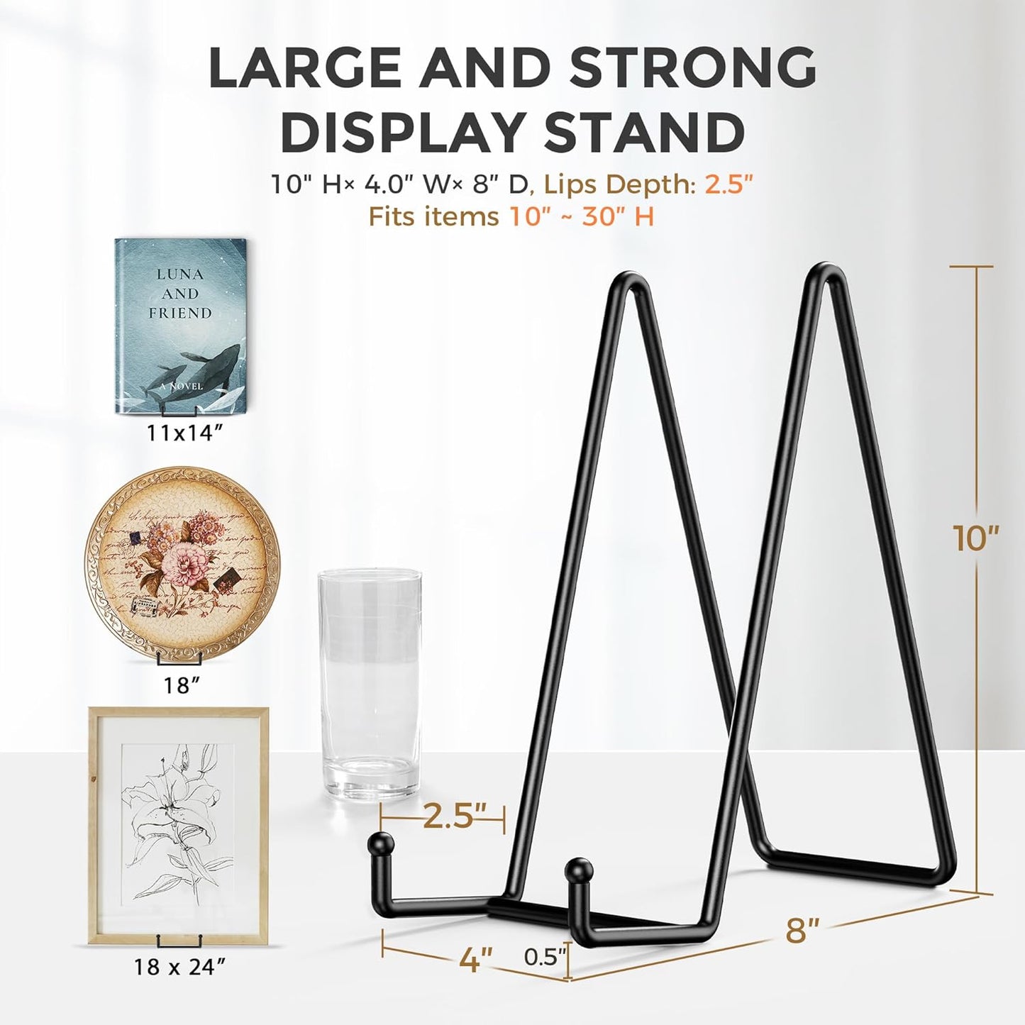 TR-LIFE 3 Pack 10 Inch Large Plate Stands for Display - Metal Plate Holder Display Stand + Picture Frame Holder Stand + Small Easels for Decorative Plate, Platter, Book, Plaques, Photo, Tabletop Art