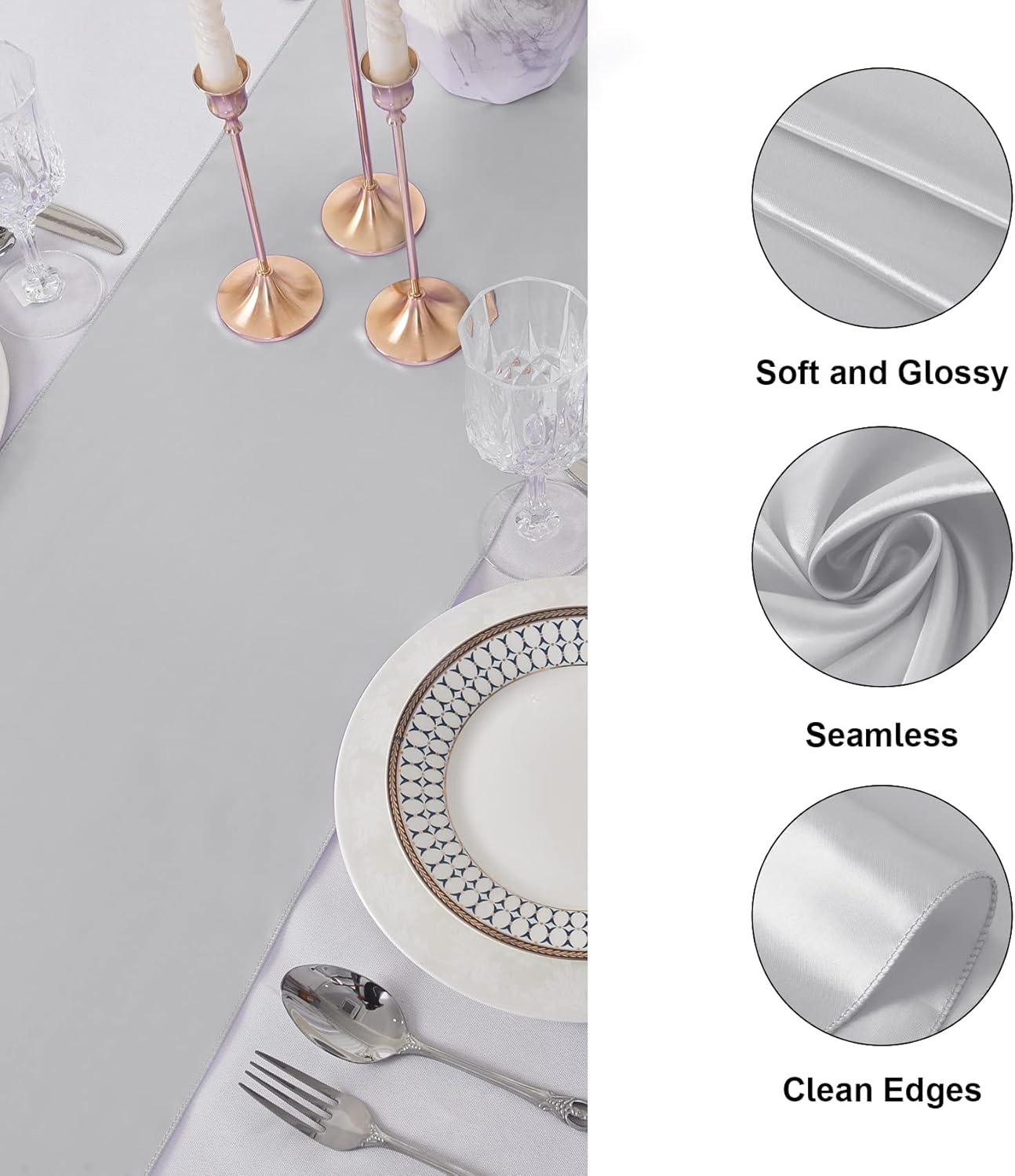12Pack Table Runner 12 x 108 Inches Satin Silk Table Runner for Wedding, Birthday Party, Banquets, Graduations Decoration, fit Rectange and Round Table-Silver
