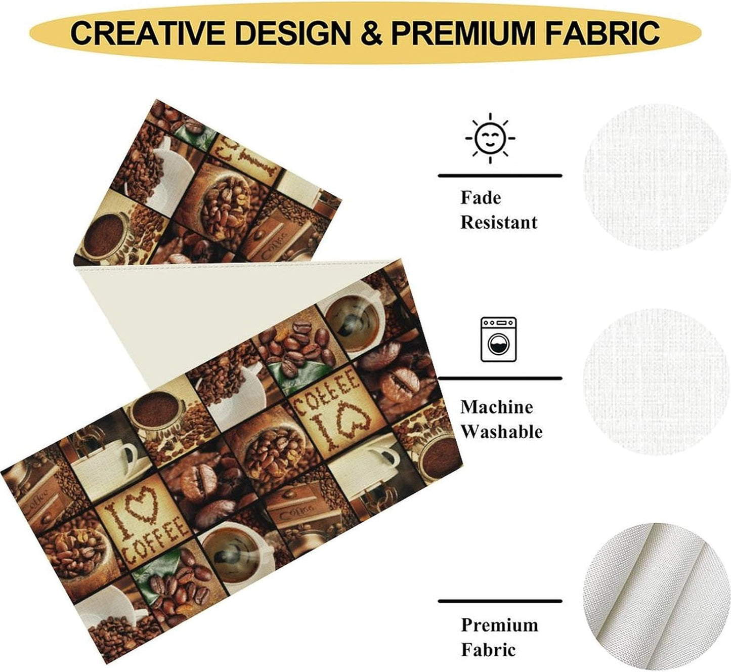 Coffee Theme Table Runner, Retro Farmhouse Coffee Cup Latte Cappuccino Tea Party Cafe Table Center Decor for Home Kitchen Dining Patio Holiday Party Indoor Outdoor Table Decorations,13"x90" Inch