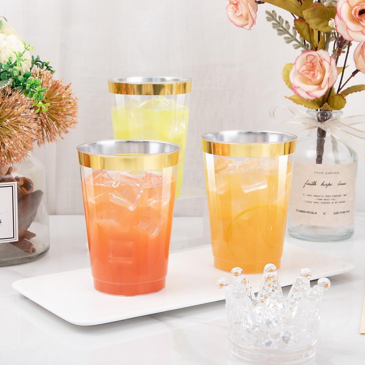 I00000 100 Pack 12 oz Gold Plastic Cups, Gold Rimmed Disposable Cups, Disposable Wine Glasses Cocktail Glasses Premium Cup with Golden Rim, 12 Ounce Plastic Tumblers for Party & Wedding