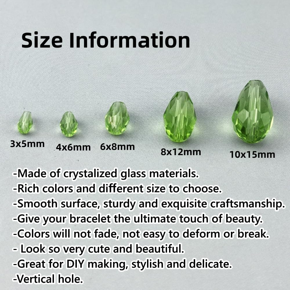 200pcs 3x5mm Teardrop Crystal Glass Beads for Jewelry Making, Faceted Vertical Hole Teardrop Glass Spacer Beads for Wind Chimes Bracelet Earring Necklace DIY Craft(Light Green)
