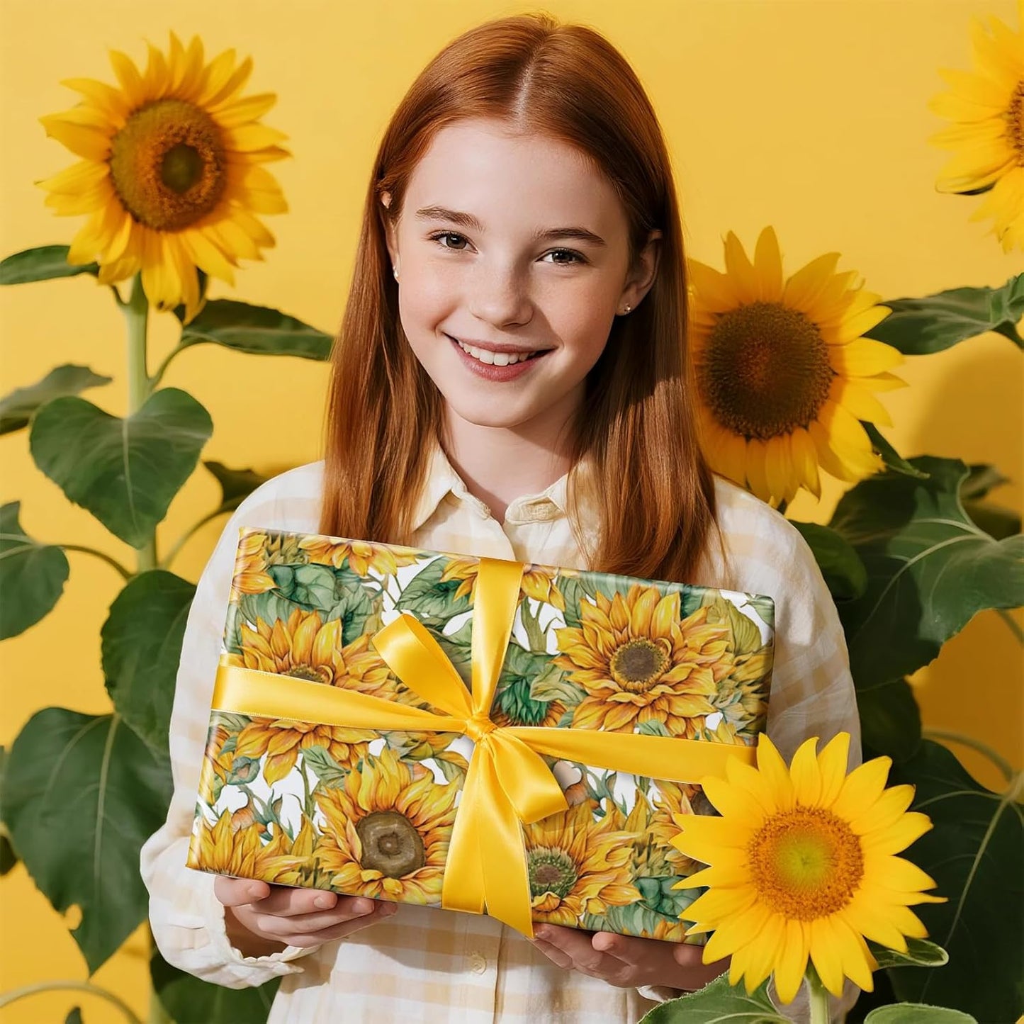 RUSPEPA Sunflower Wrapping Paper Roll for Women Girls, Mini Roll, Bright Yellow Sunflower Floral Design with Green Leaves, Cheerful Gift Wrap for Birthday, Wedding, Mother's Day, 17 Inches x 16.4 Feet