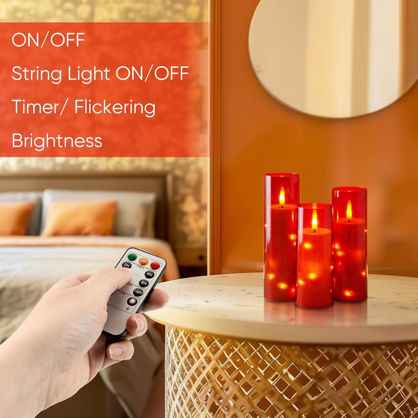 Homemory Red Flameless Candles with Embedded Star String Fairy Lights, Battery Operated Candles with Remote Control and Timer, Flickering LED Candle for Christmas Decor, Set of 9, D2.2 x H5 6" 7"