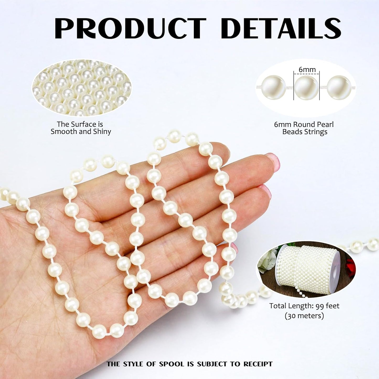 99 Feet 6mm Pearl Strings Garland for Crafts, Artificial Pearl Beaded Trim Chain Roll Strands for Wedding Centerpieces Bouquet Party Decoration Christmas Tree Garland, White