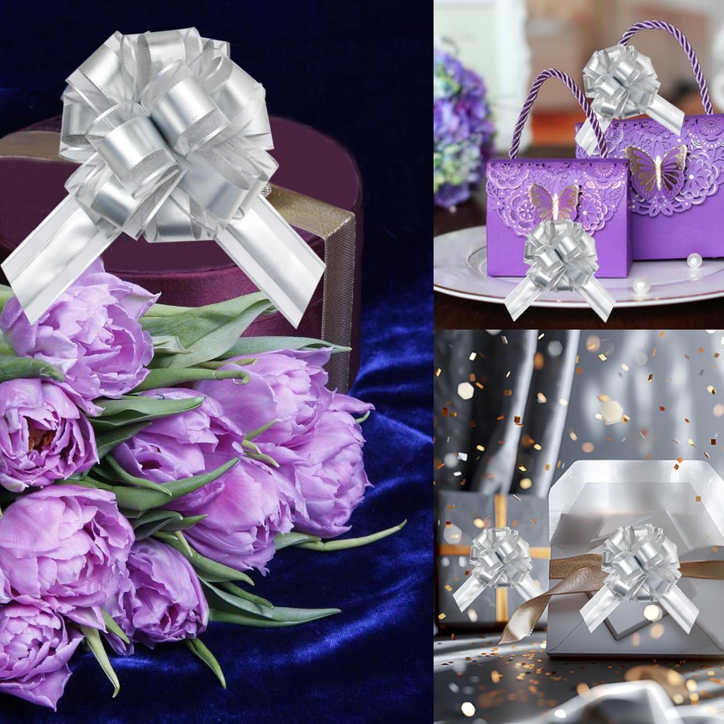 7 Pieces Large Pull Bows, 6 inche, Big Bow for Gift Wrapping, Christmas Party Birthday Gift, Wedding Baskets,Valentine's Day Gift Decorations, Flower Decoration (Silver)